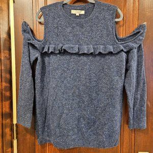 19. Loft Blue Cold Shoulder Ruffle Fuzzy Super Soft Stretch Long Sleeve Acrylic